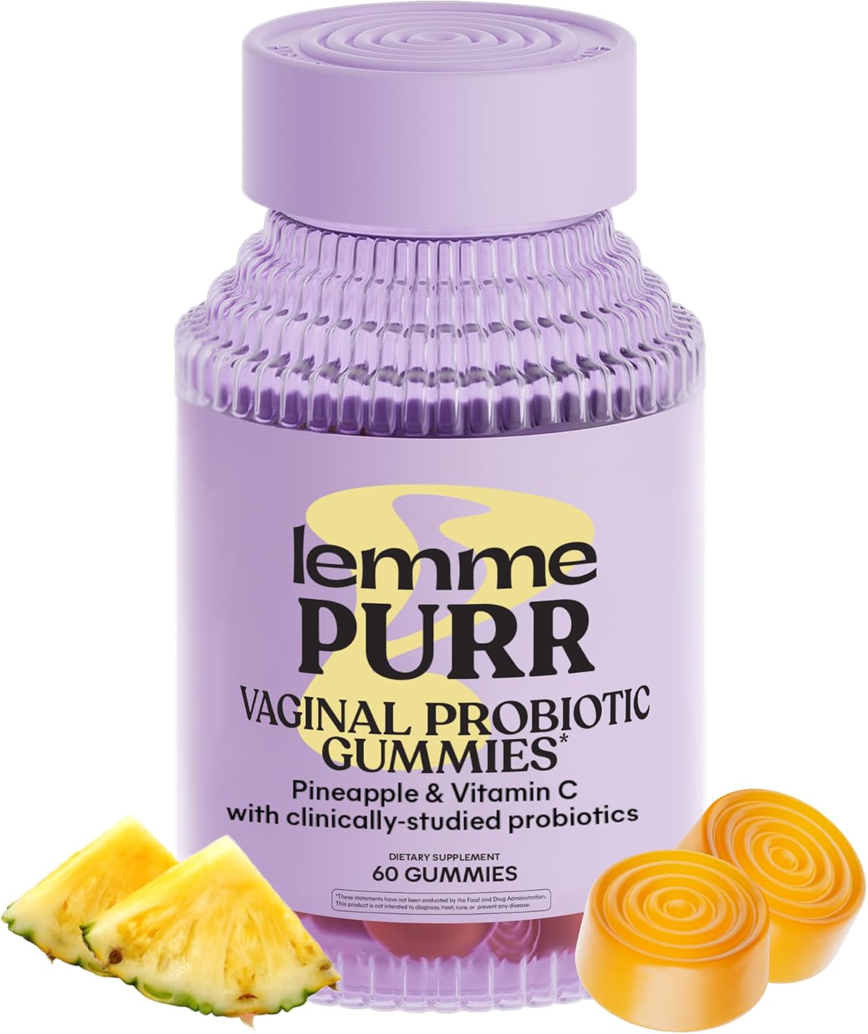 Lemme Purr Vaginal Health Probiotic Gummies - Supports pH, Freshness with Clinically Tested Probiotics + Vitamin C for Immunity Vegan, Gluten-Free, Non-GMO, Tasty Pineapple (60 Count), 0.15 kilo