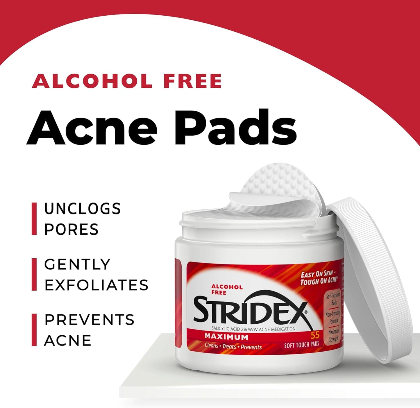 Stridex - Single-Step Acne Control (Daily Care Acne Pads Maximum Strength/Alcohol-Free/Soft Touch Pads/55 Pads)