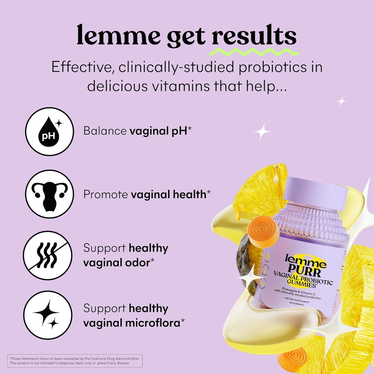 Lemme Purr Vaginal Health Probiotic Gummies - Supports pH, Freshness with Clinically Tested Probiotics + Vitamin C for Immunity Vegan, Gluten-Free, Non-GMO, Tasty Pineapple (60 Count), 0.15 kilo