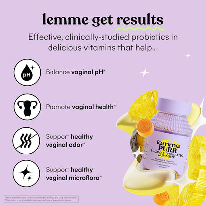 Lemme Purr Vaginal Health Probiotic Gummies - Supports pH, Freshness with Clinically Tested Probiotics + Vitamin C for Immunity Vegan, Gluten-Free, Non-GMO, Tasty Pineapple (60 Count), 0.15 kilo