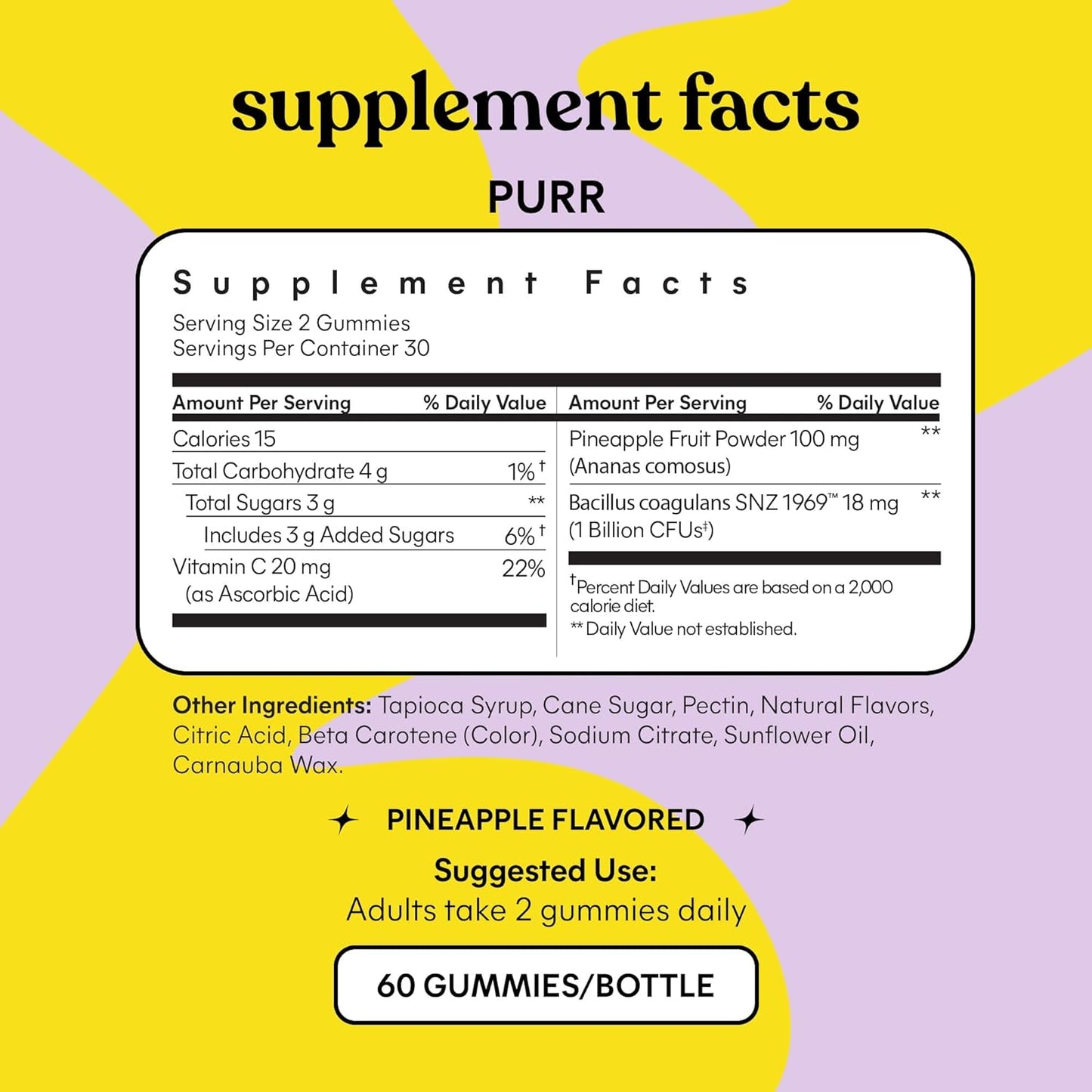 Lemme Purr Vaginal Health Probiotic Gummies - Supports pH, Freshness with Clinically Tested Probiotics + Vitamin C for Immunity Vegan, Gluten-Free, Non-GMO, Tasty Pineapple (60 Count), 0.15 kilo