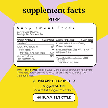 Lemme Purr Vaginal Health Probiotic Gummies - Supports pH, Freshness with Clinically Tested Probiotics + Vitamin C for Immunity Vegan, Gluten-Free, Non-GMO, Tasty Pineapple (60 Count), 0.15 kilo