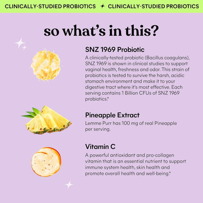 Lemme Purr Vaginal Health Probiotic Gummies - Supports pH, Freshness with Clinically Tested Probiotics + Vitamin C for Immunity Vegan, Gluten-Free, Non-GMO, Tasty Pineapple (60 Count), 0.15 kilo