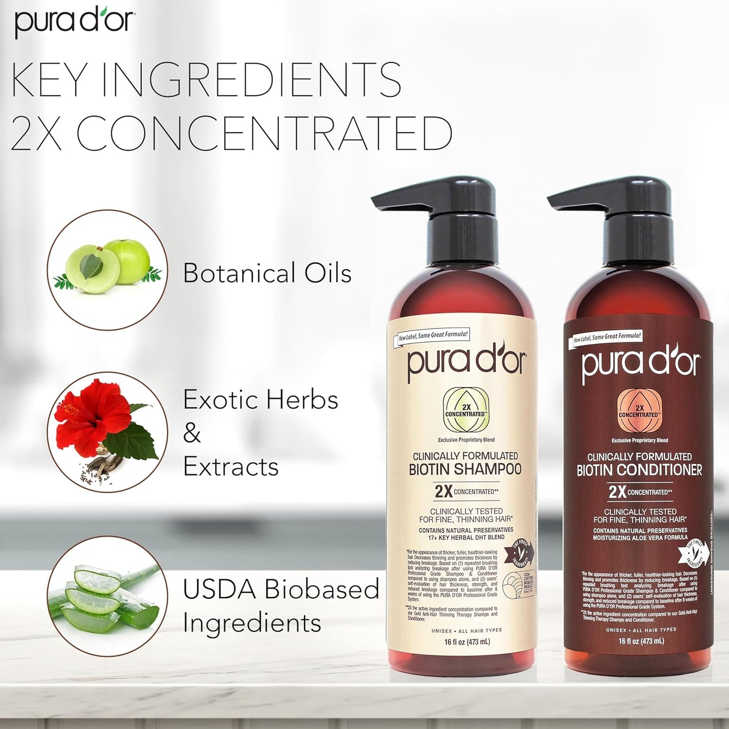 PURA D'OR Professional Grade Clinically Formulated Biotin Shampoo & Conditioner For Hair Thinning - 2X Concentrated DHT Blocker Thickening Products For Women & Men, Sulfate Free, 16oz x2