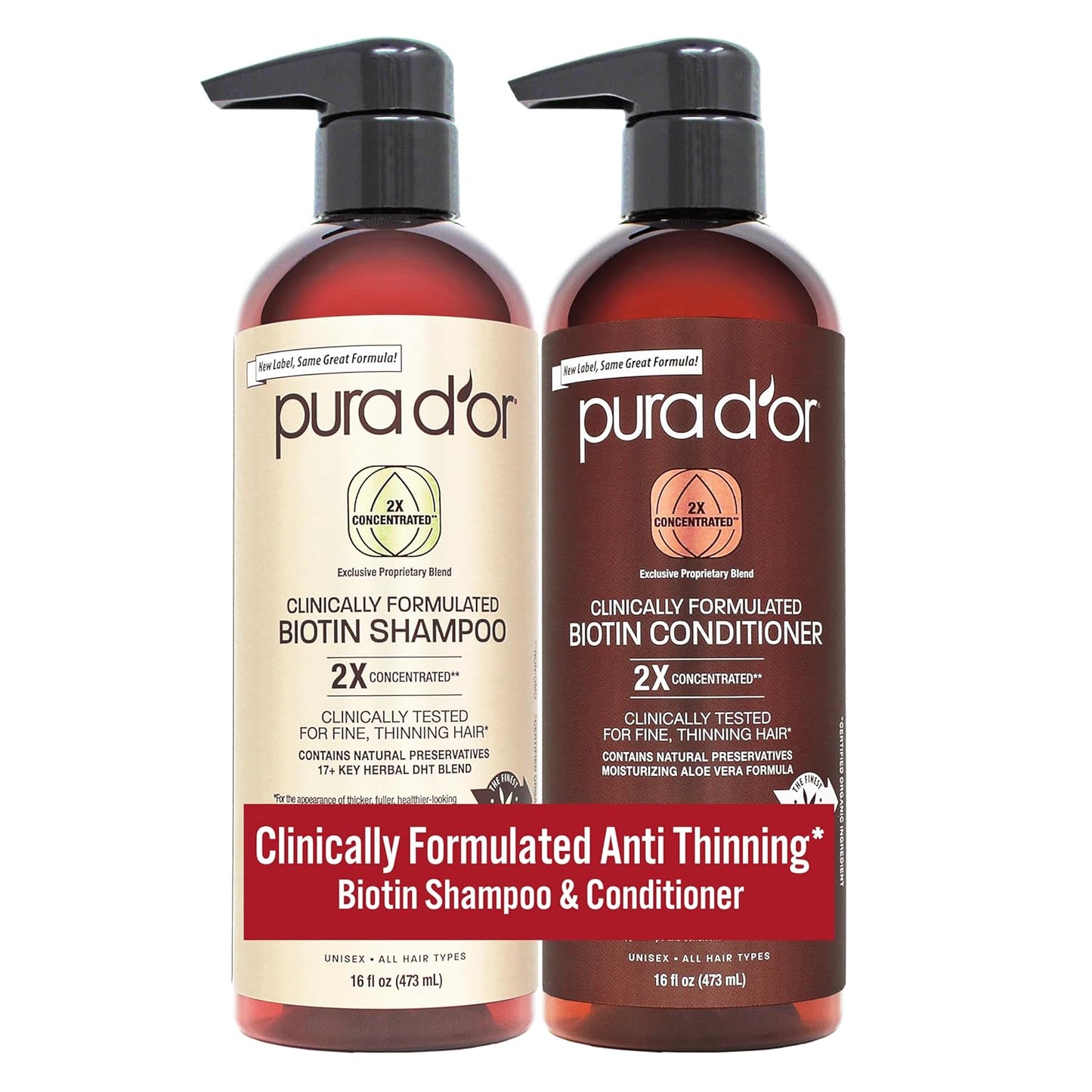 PURA D'OR Professional Grade Clinically Formulated Biotin Shampoo & Conditioner For Hair Thinning - 2X Concentrated DHT Blocker Thickening Products For Women & Men, Sulfate Free, 16oz x2