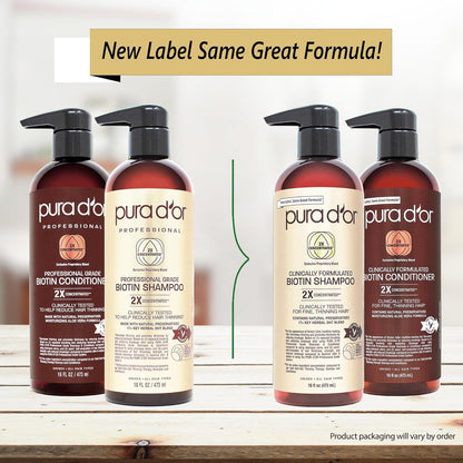 PURA D'OR Professional Grade Clinically Formulated Biotin Shampoo & Conditioner For Hair Thinning - 2X Concentrated DHT Blocker Thickening Products For Women & Men, Sulfate Free, 16oz x2